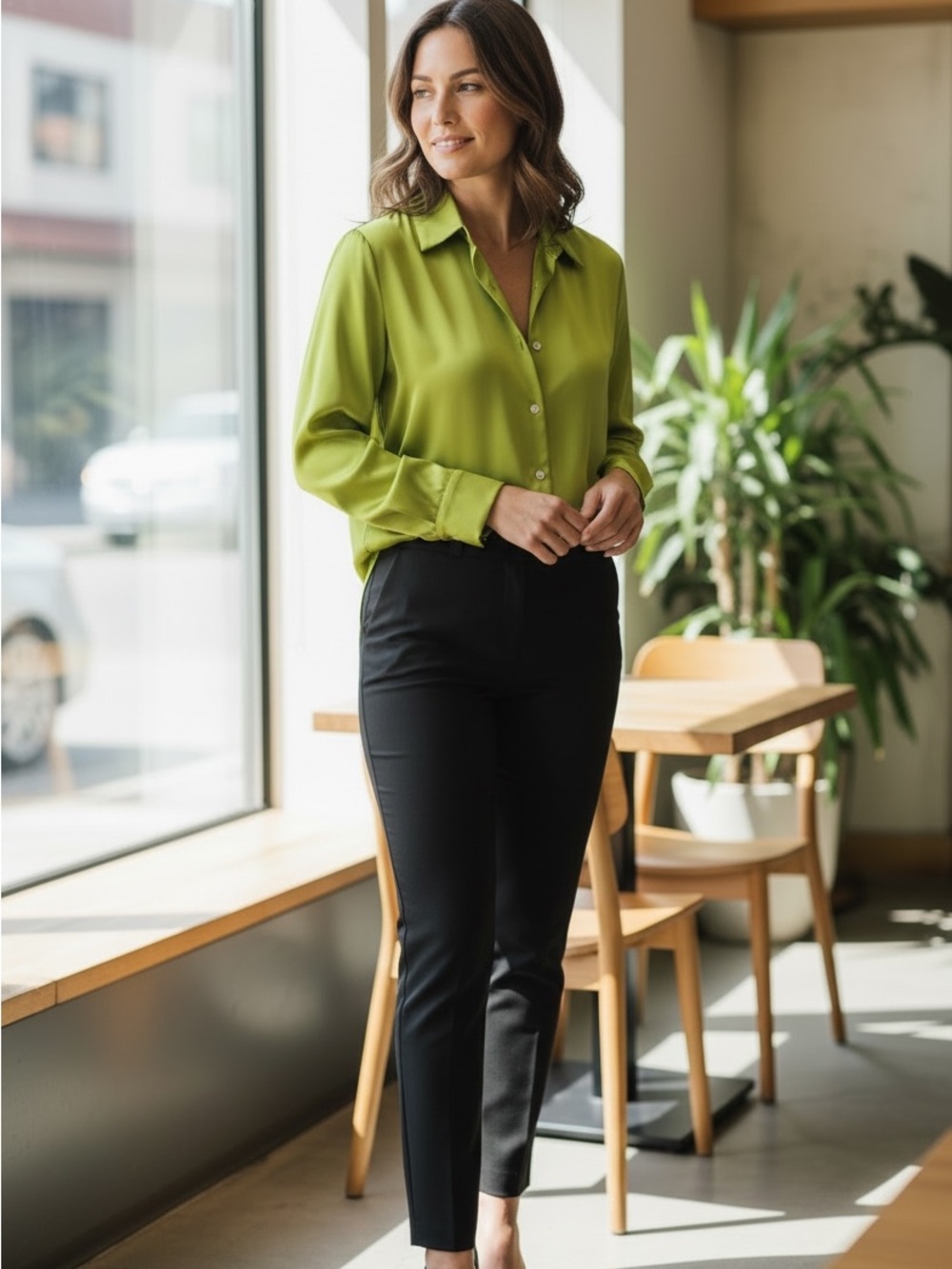 Rachel Zoe Chartreuse satin button down blouse